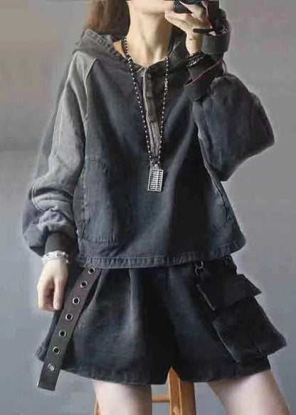 Hooded Pockets Button Fall Denim Sweatshirts