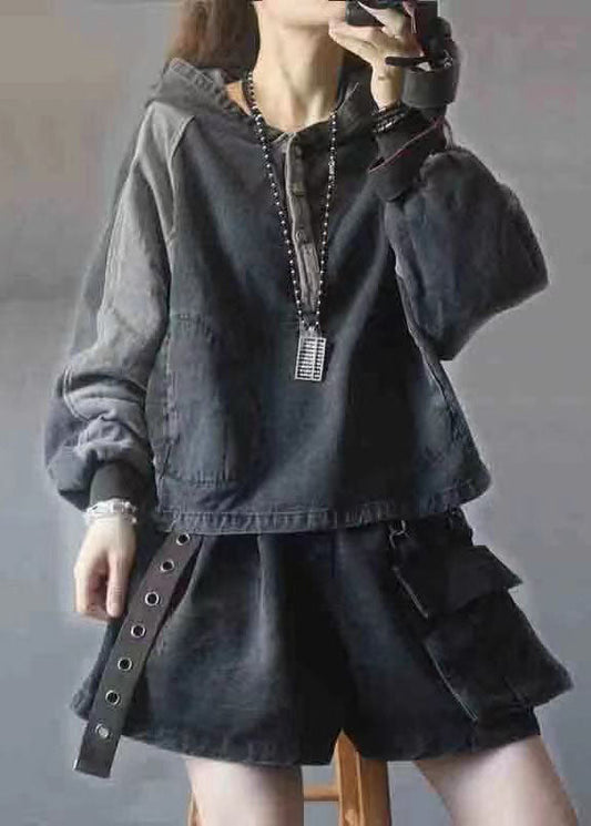 Hooded Pockets Button Fall Denim Sweatshirts