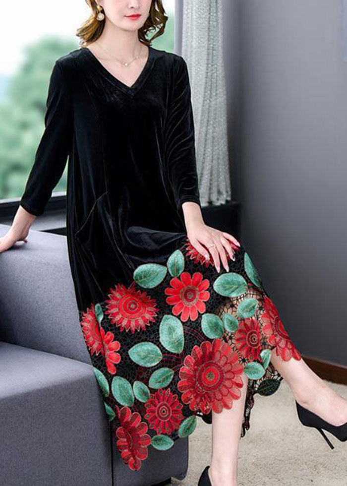 Modern Black V Neck Patchwork Hollow Out Silk Velour Dress Spring