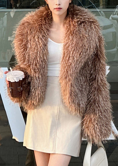 Khaki Raccoon Hair Collar Leather and Fur Coat Winter