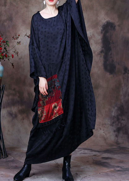 Black Embroideried Asymmetrical Design Patchwork Big Pocket Silk Long Dress Batwing Sleeve