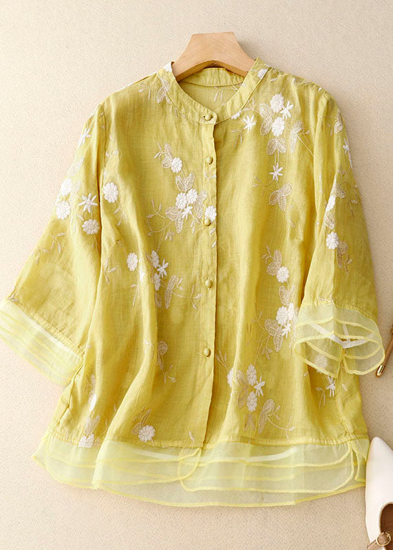 Yellow Stand Collar Embroideried Patchwork Cotton Shirts Bracelet Sleeve