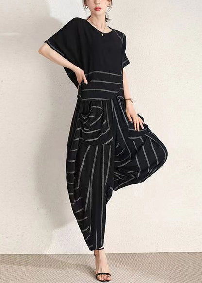 Black O-neck Wrinkled Striped Cotton Two-piece Set Summer