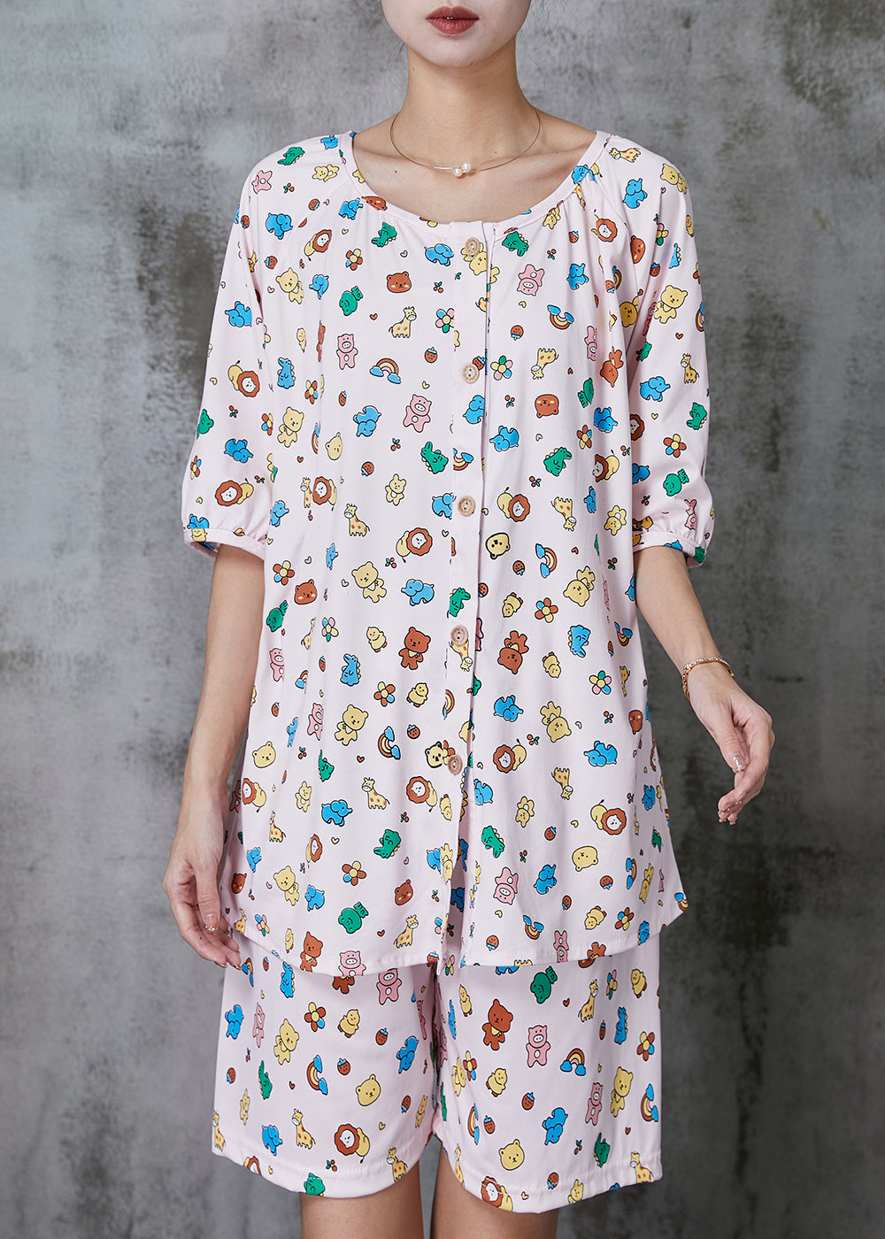 Pink Animal Print Cotton Two Pieces Set Summer