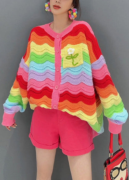 Rainbow Button Hollow Out Patchwork Knit Top Fall