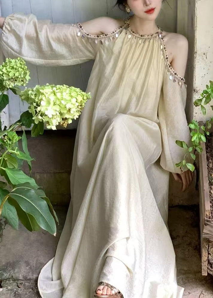 Apricot Sequins Cold Shoulder Lantern Sleeve Silk Long Dress