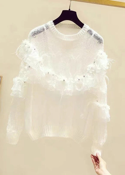 Novelty White Patchwork Nail Bead Knit Sweaters Fall