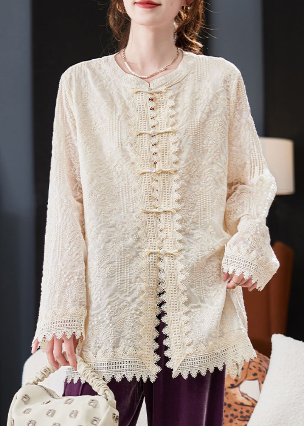 White Embroidered Oriental Button Cotton Shirt Tops Spring