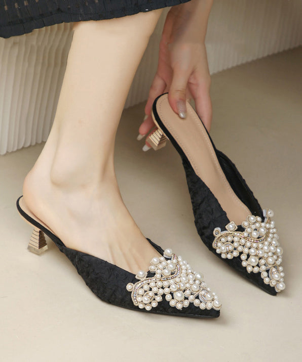 Splicing High Heel Blue Slide Sandals Nail Bead Pointed Toe
