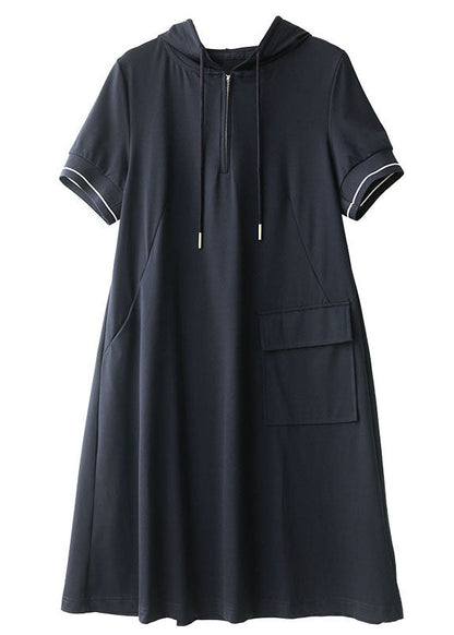 Simple Navy Zippered Drawstring Hooded Pocket Cotton Sweatshirt Dress Short Sleeve