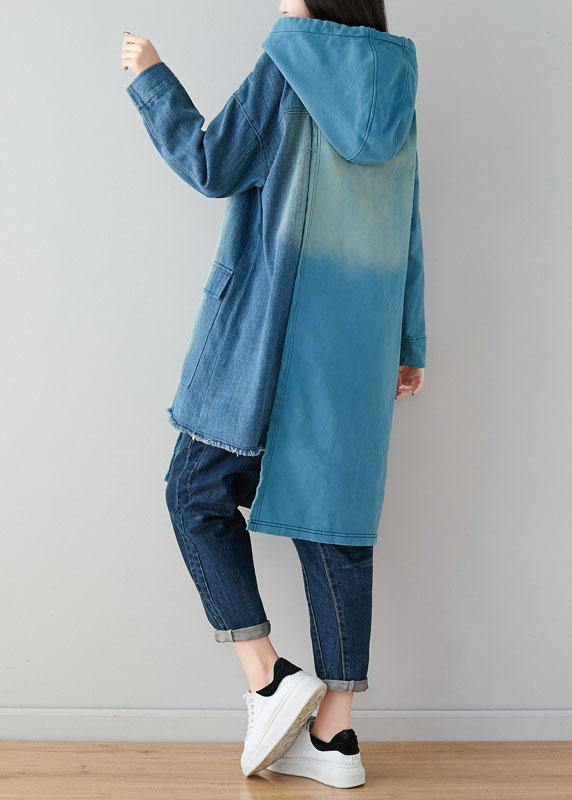 Blue Hooded Pockets Patchwork Asymmetrical Design Print Fall Pullover Sweatshirt