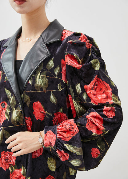 French Black Double Breast Velour Coats Puff Sleeve