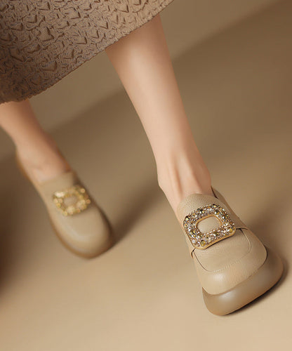 Apricot Chunky Sheepskin Soft Splicing Zircon Loafers for