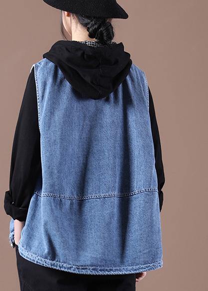 Drawstring Zipper Wash Blue Stand Collar Vest