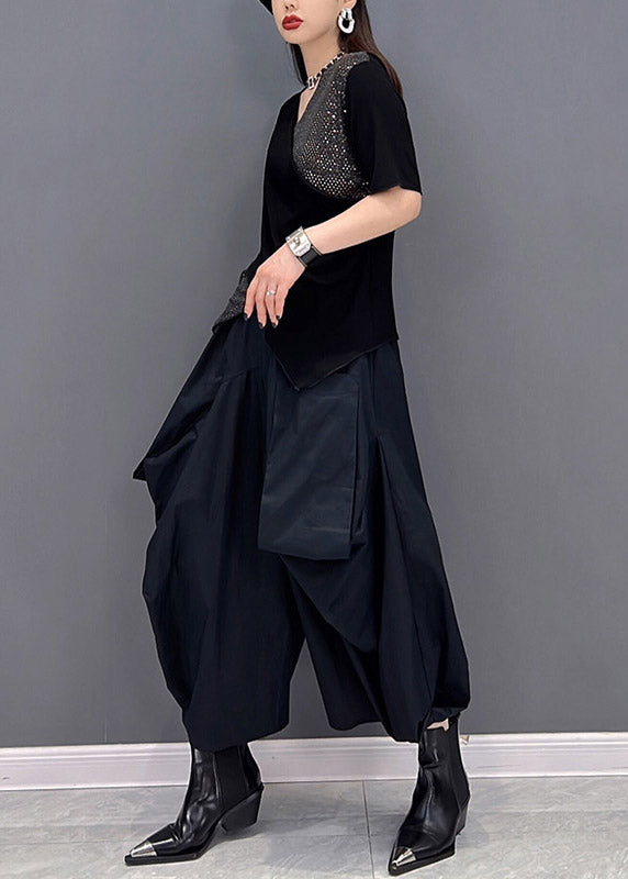 Art Black V Neck Sequins Patchwork Tanks and Wide Leg Pants Two Piece Set Summer