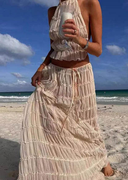 Apricot Backless Wrinkled Halter Two Piece Set