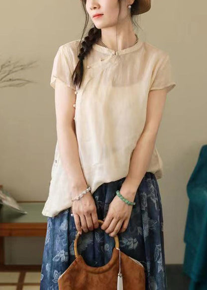 Simple Pink O-neck Button Cotton Shirt Summer