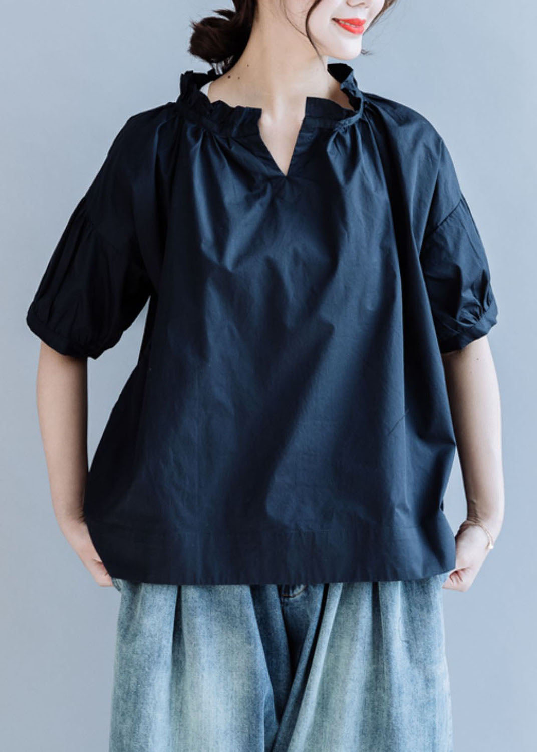 Loose Navy Ruffled Color Cotton Shirt Tops Short Sleeve