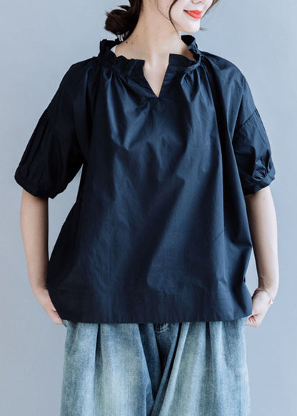 Loose Navy Ruffled Color Cotton Shirt Tops Short Sleeve