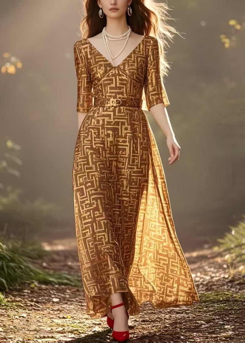Brown Cinched Print Chiffon Long Dress Half Sleeve