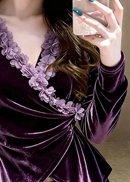 Purple V Neck Velour Shirts Spring