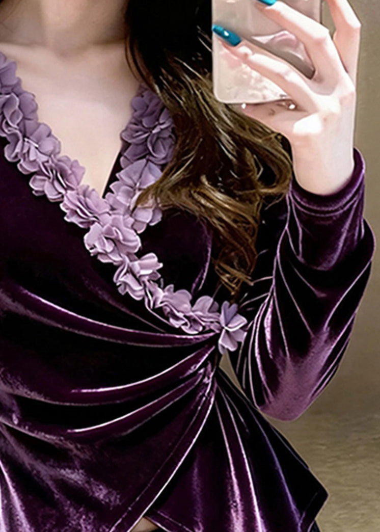 Purple V Neck Velour Shirts Spring