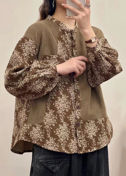 Green Button Print Patchwork Linen Shirt Top Fall