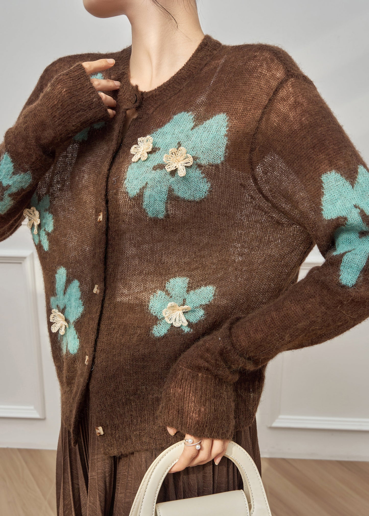 Coffee O-neck Patchwork Button Cotton Knit Cardigan Fall
