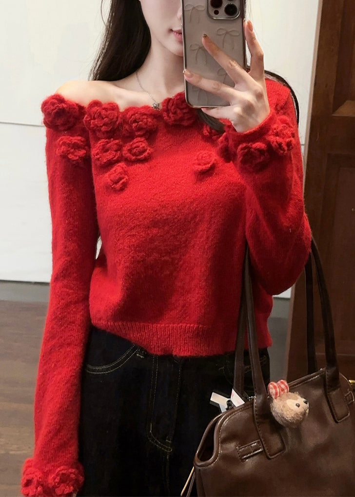 Red Patchwork Knit Sweater Asymmetrical Winter