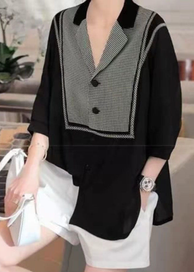 Black Peter Pan Collar Plaid Patchwork Shirt Top Three Quarter Sleeve