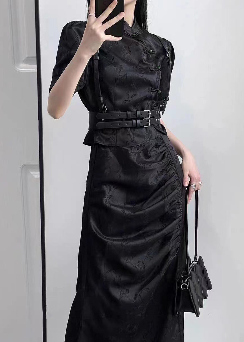 Original Design Chinese Style Black Jacquard Top and Skirt Set Summer