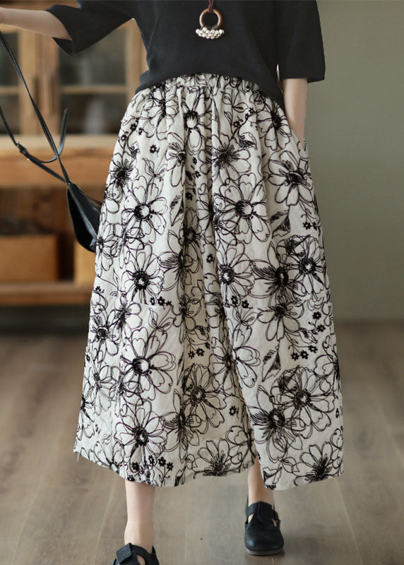 Beige Wrinkled Embroideried Linen Skirt Summer