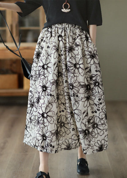Beige Wrinkled Embroideried Linen Skirt Summer