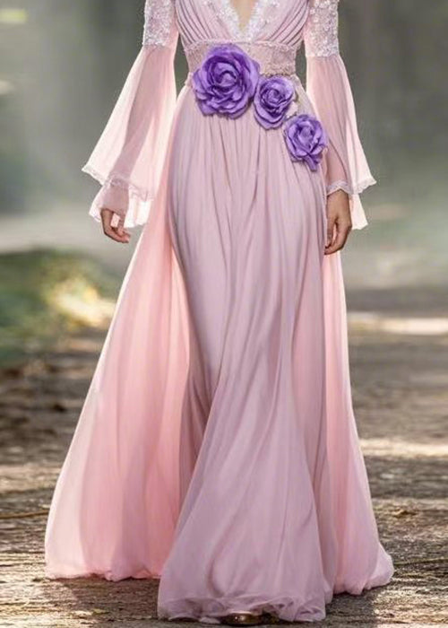 Pink V Neck Chiffon Long Dress Spring