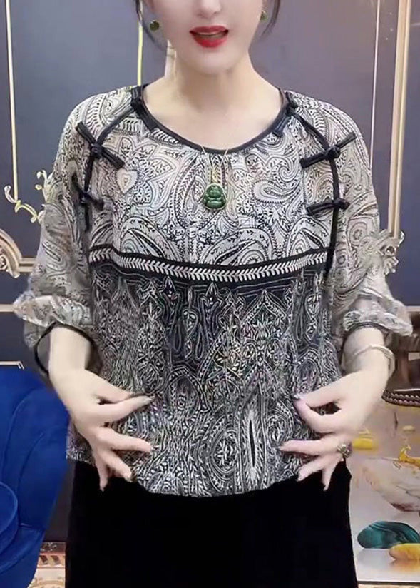 Retro Print O-neck Chiffon Top Long Sleeve