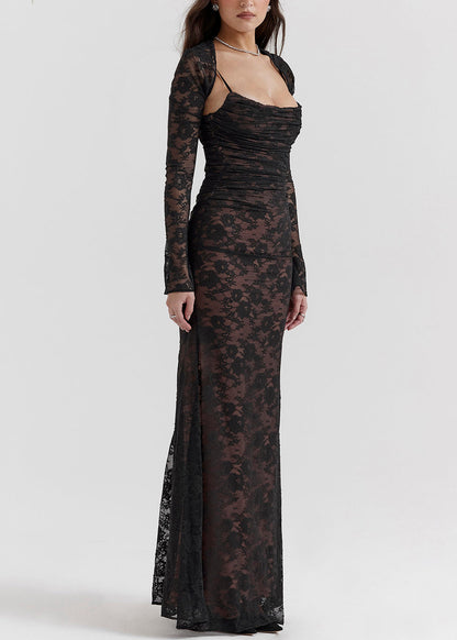 French Black Back Cross Strap Silm Fit Lace Party Dress Two Piece Set Sleeveless