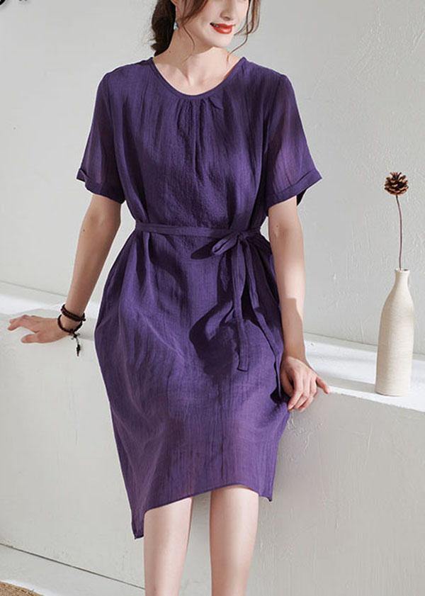 Simple Purple Tie Waist Embroideried Summer Ramie Vacation Dress