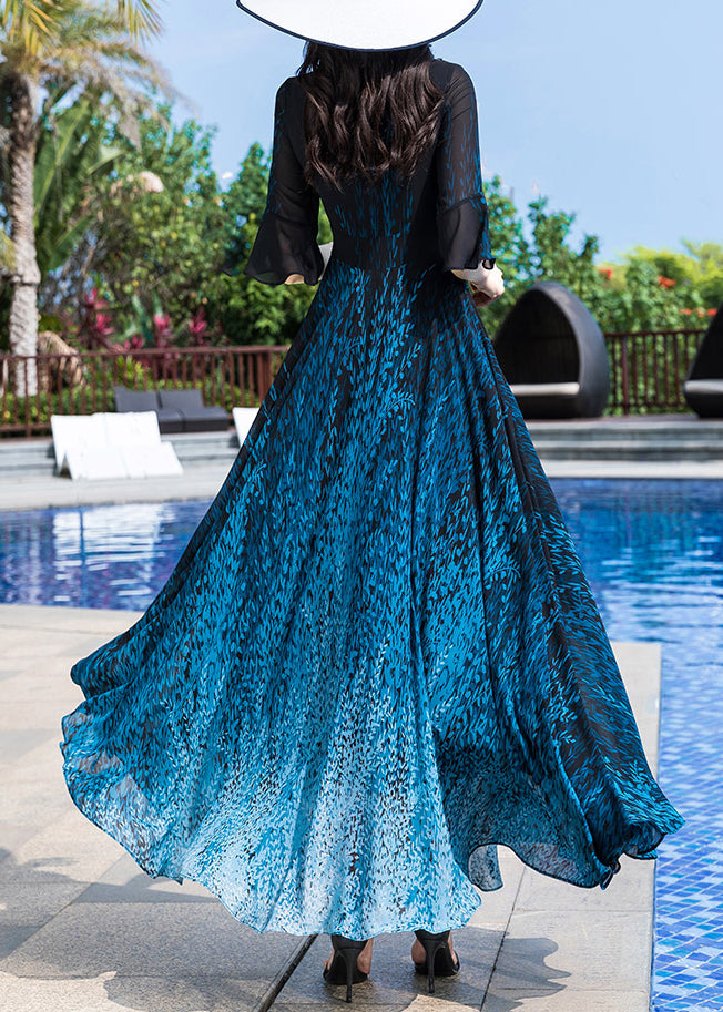 Blue O-neck Print Party Chiffon Long Dress Half Sleeve