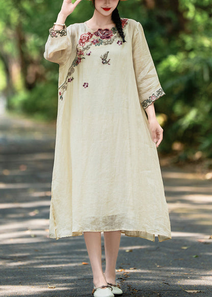 Apricot Side Open Linen Dresses Embroidered Bracelet Sleeve Summer