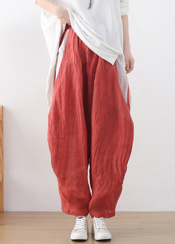 Khaki Elastic Waist Wrinkled Patchwork Linen Harem Pants Summer