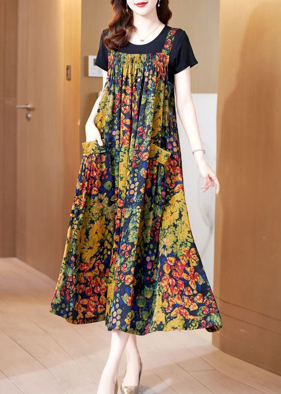 Yellow Print Exra Large Hem Silk Holiday Dresses Summer