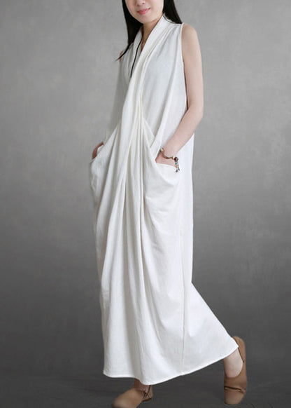 White V Neck Pockets Cotton Maxi Dresses Sleeveless