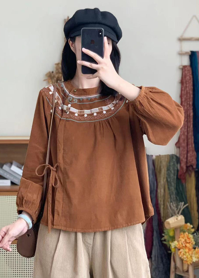 Retro White Embroidered Lace Up Corduroy Shirt Spring