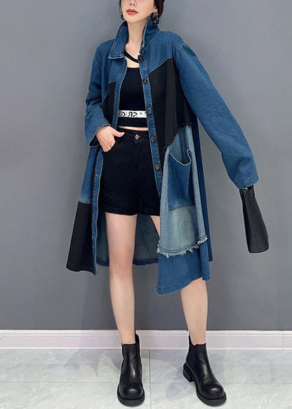 Blue Asymmetrical Button Pockets Denim Blouses Fall