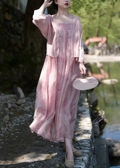 Pink Button Print Linen Silk Two Pieces Set Spring