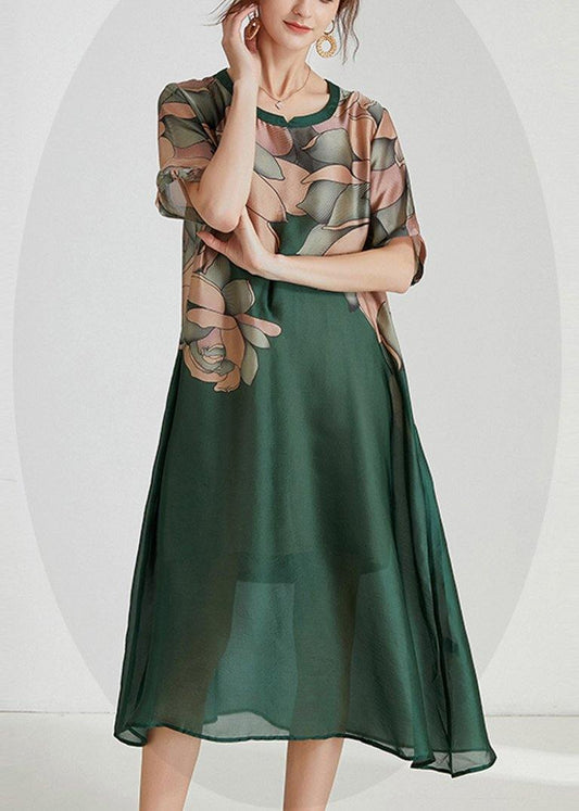 Green Print O-neck Holiday Summer Chiffon Dress