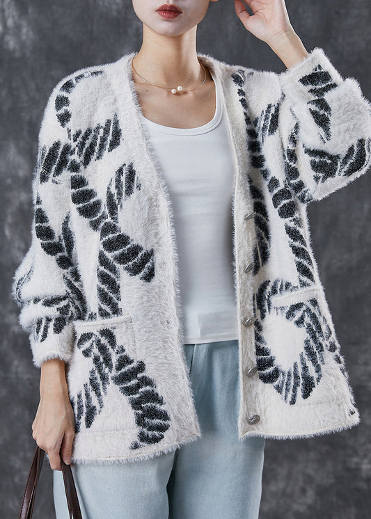 Black V Neck Print Knit Loose Coat Spring