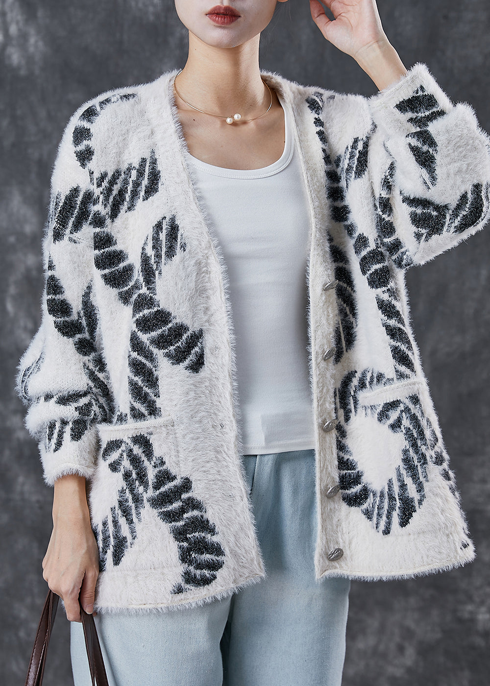 Black V Neck Print Knit Loose Coat Spring