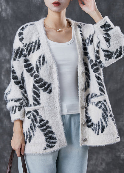 Black V Neck Print Knit Loose Coat Spring