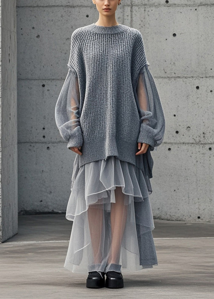 Grey Oversized Patchwork Tulle Sweater Dress Fall